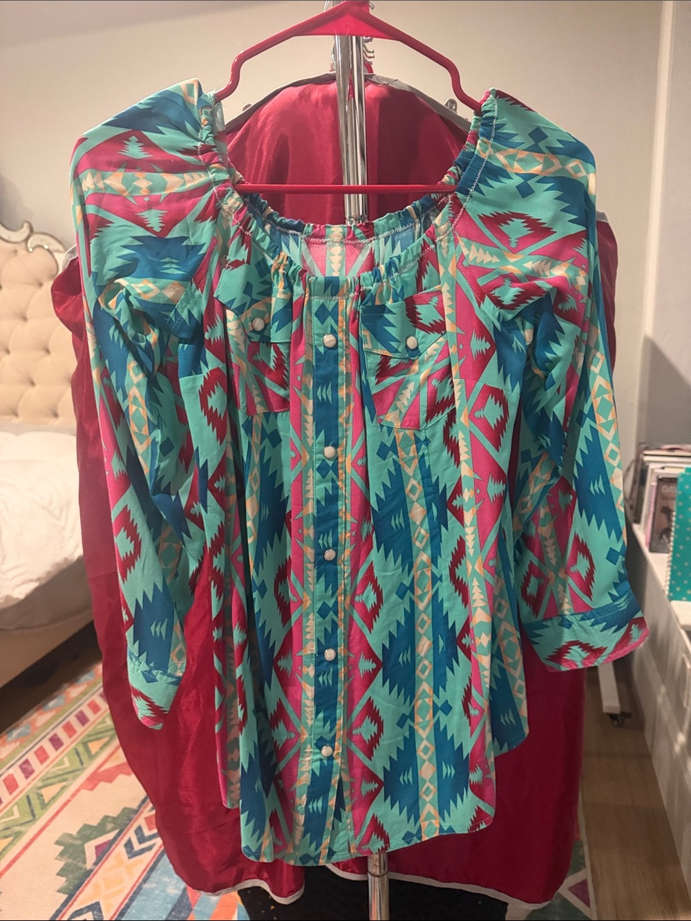 Boho Aztec Print Peasant Blouse in Teal and Pink